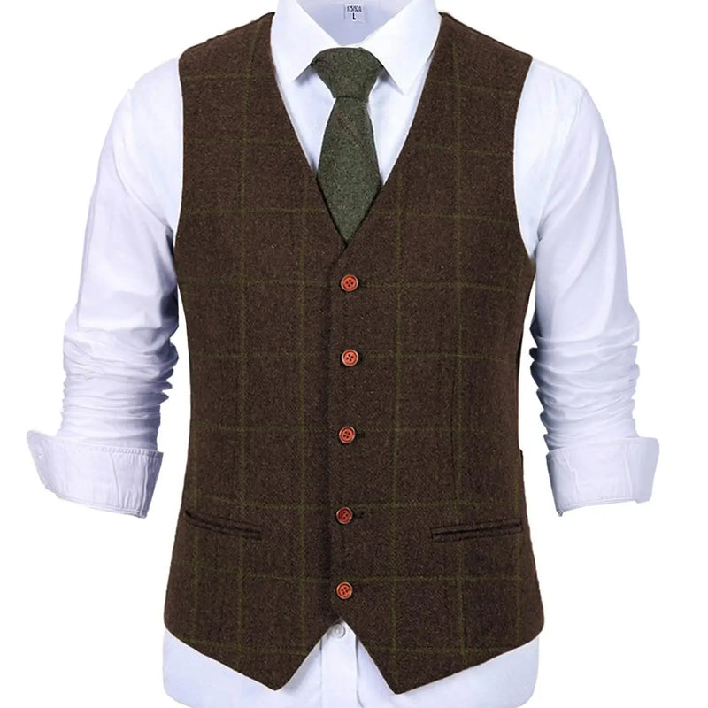Men's Army Green Vest Plaid Soft Wool Brown Jacket Casual Gentleman Tweed Business Waistcoat For Groosmen Best Man For Wedding