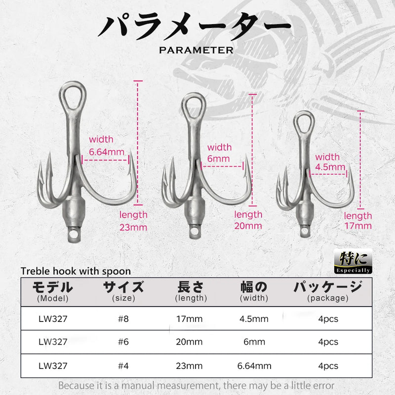 Hunthouse Treble Fishing Hook With Spoon 4# 6# 8# For Hard Lure 3X Strong 4pcs/lot Hight Carbon Steel Accessories