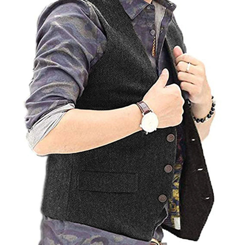 Slim Mens Vest Tweed Waistcoat Vest Vintage Herringbone V-neck Casual Wool Groomsmen Suits Vest For Wedding XS-5XL