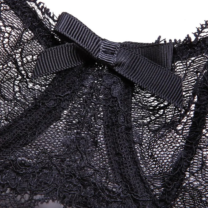 CYHWR Luxury Half Cup Lace Transparent Sexy Lingerie Ultra-thin Solid Shell Style 4 Pieces/Lots Bra Set and Garter and Stocking