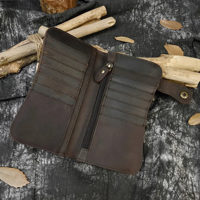 Men's Vintage Crazy Horse Leather Chain Wallet Genuine Leather Bifold Long Wallet Snap Card Holder Purse Zipper Coin Rfid Pocket