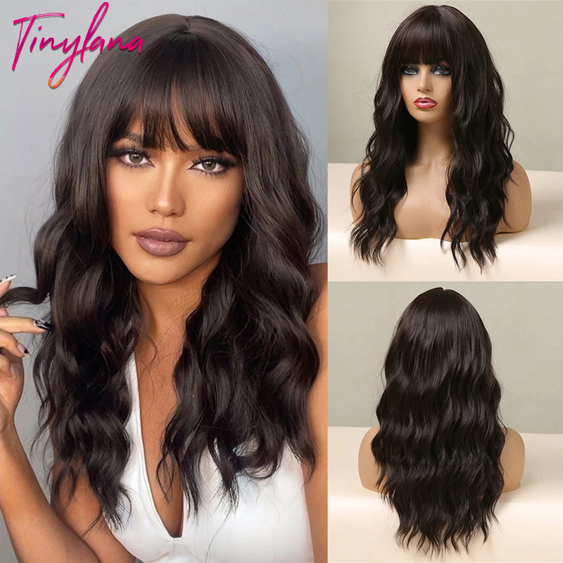 TINY LANA Natural Black Long Wavy Synthetic Wig with Bangs for Women Body Wave Dark Brown Wigs Cosplay Daily Hair Heat Resistant