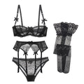 CYHWR Luxury Half Cup Lace Transparent Sexy Lingerie Ultra-thin Solid Shell Style 4 Pieces/Lots Bra Set and Garter and Stocking