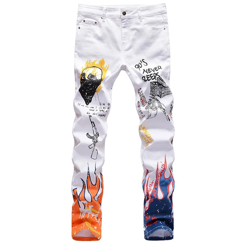 Sokotoo Men's Fashion Letters Flame Black Printed Jeans | SAMAG