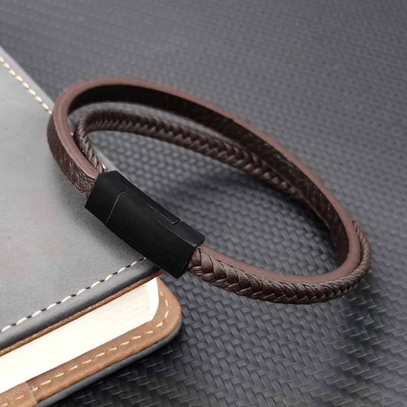 MingAo Designer Charm New Simple Brown Leather Bracelet for Men Stainless Steel Magnetic Clasp Fashion Men Jewelry Bangles Gift