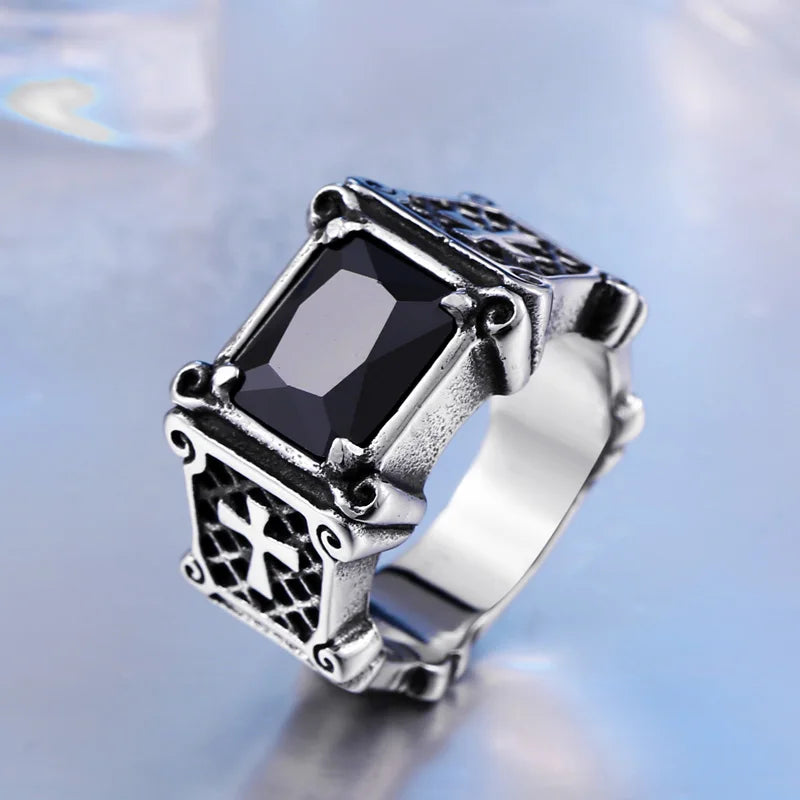 BEIER Stainless steel Cool Unique Black Stone Ring Titanium Steel Retro Old Totem Jewelry For Man Factory Price Sale BR8-334