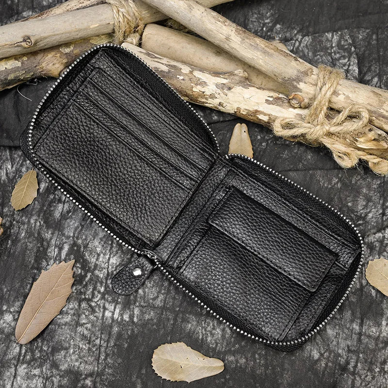 Men Crazy horse Genuine Leather Coin Wallet Real Leather Snap Short Purse Women Coin Pocket Zip Around Small Trifold Pocket