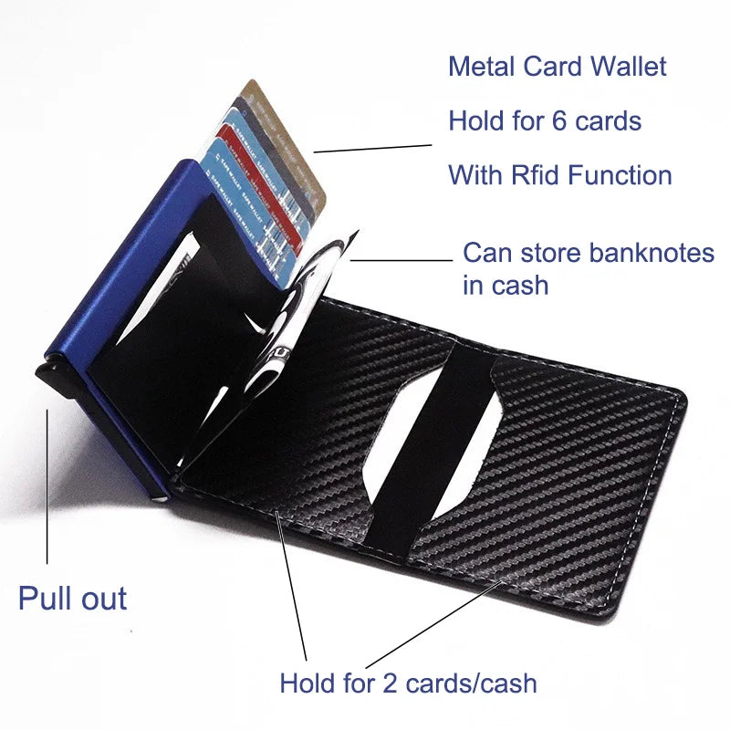 RFID Business Credit Card Holder Men Multifunction Automatic Aluminium Alloy Leather Cards Case Mini Wallet Slim Coin Purse
