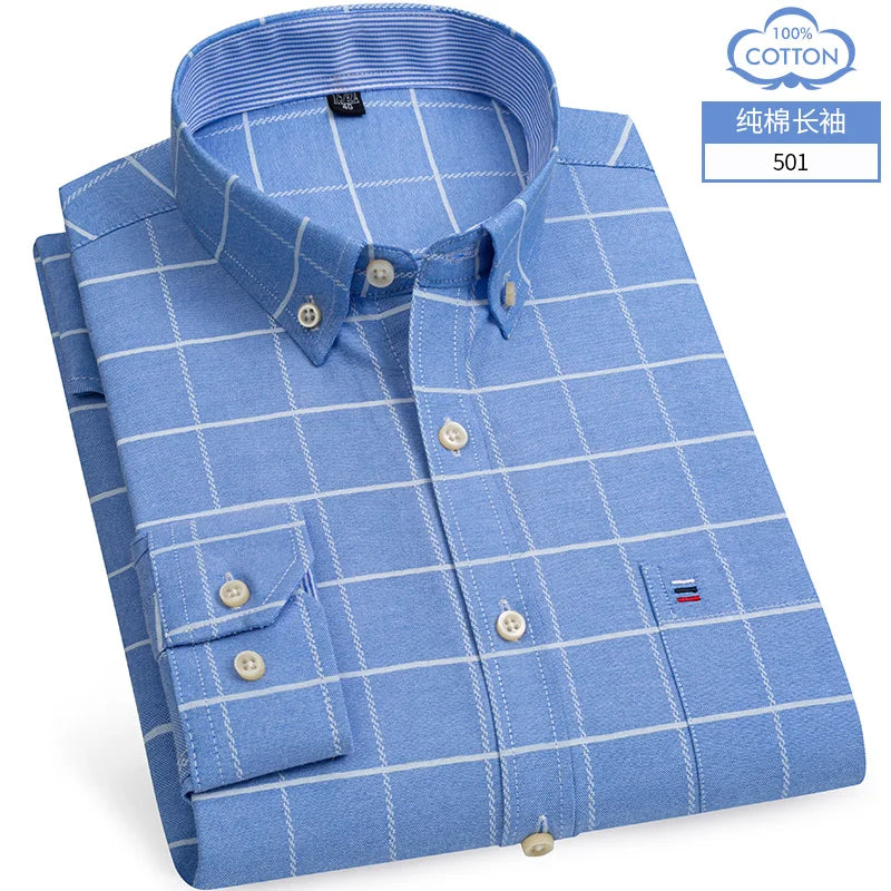 S~6XL Cotton Oxford Shirt For Men's Long Sleeve Plaid | SAMAG