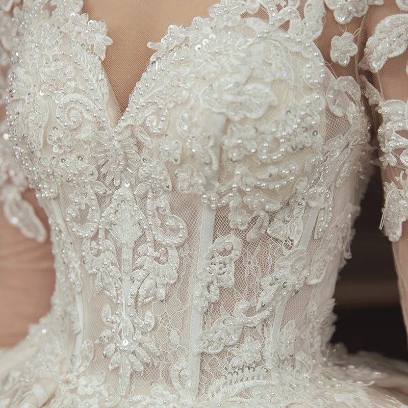 Beading Pearls Appliques Lace Illusion Princess Ball Gown - View 6 | SAMAG