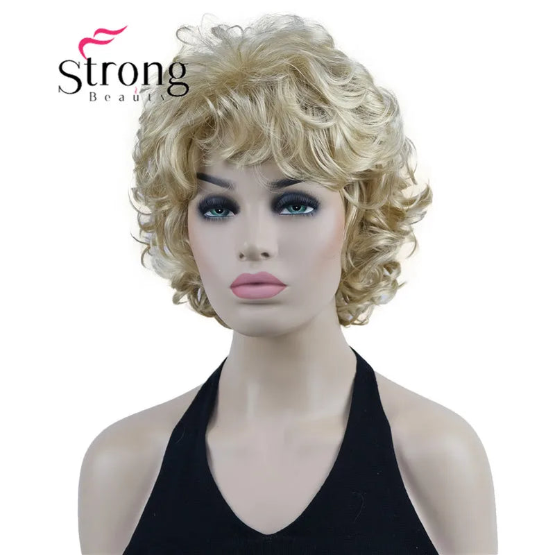 StrongBeauty Short Wig Soft Tousled Curls Blonde Highlights Full Synthetic Wigs COLOUR CHOICES