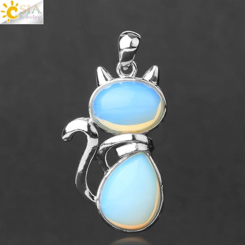 Natural Stone Pendant Cute Cat Pendants Suspension for Girl Amethyst Tiger Eye Green Aventurine Pink Crystal Cat Jewelry F072