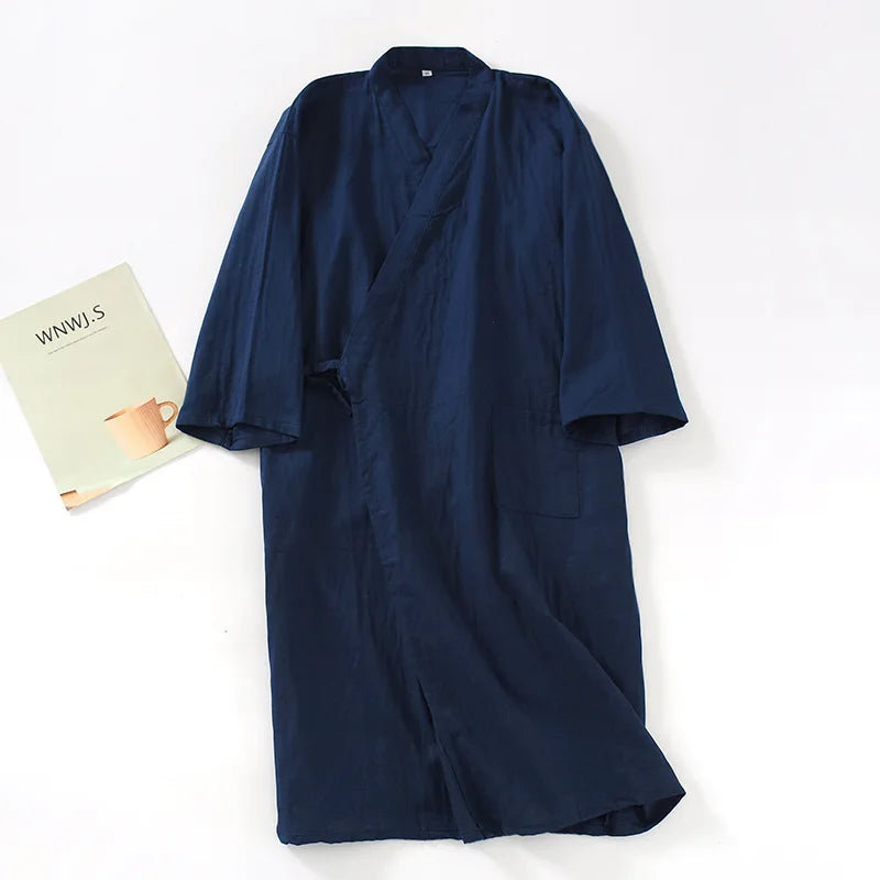 2021 New Men's 100% Cotton Gauze Cotton Robe Loose Thin Yukata Japanese Kimono Pajamas Men's Hooded Robe V-Neck Pajamas Bathrobe