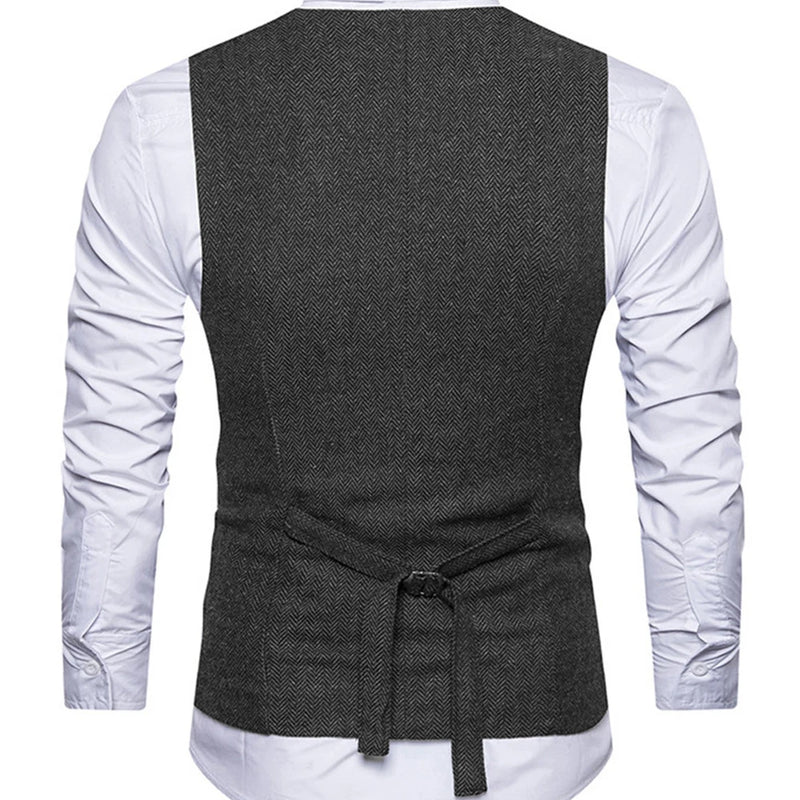 Slim Mens Vest Tweed Waistcoat Vest Vintage Herringbone V-neck Casual Wool Groomsmen Suits Vest For Wedding XS-5XL