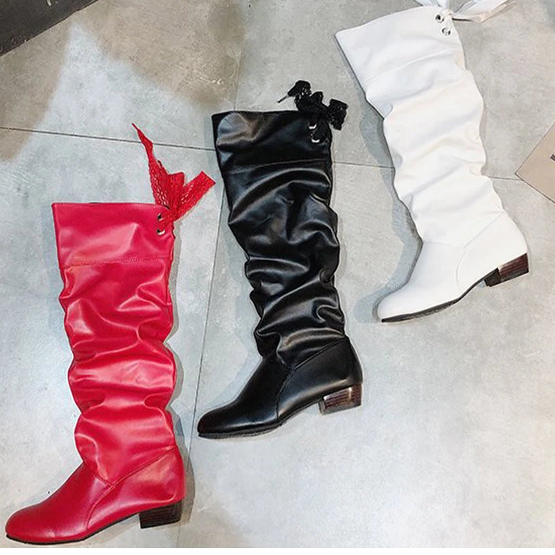 Shoes For Women 2022 Spring Knee High Boots Red Black White Tall Boots Woman Pleated Low Heel Casual Leather Female Long Shoes