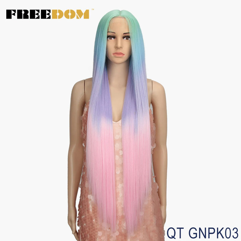 FREEDOM Synthetic Lace Front Wigs For Women Super Long 38Inch Ombre Blonde Highlight Ginger Straight Lace Wigs Cosplay Wigs