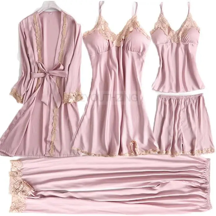 Pajama Set Women Lace Trim Satin Sleepwear Pyjamas | SAMAG
