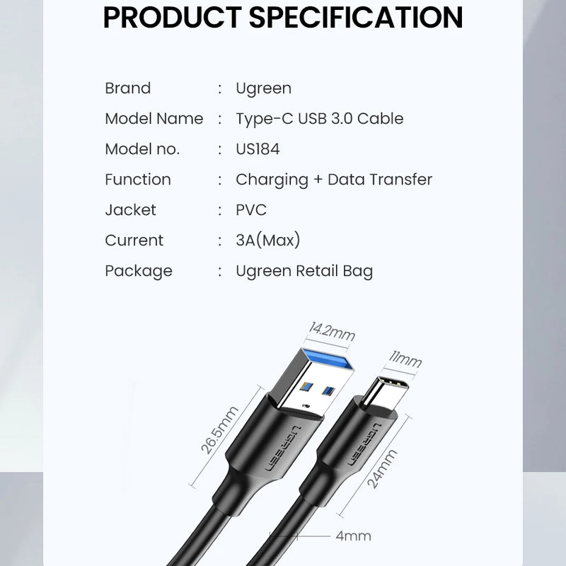 UGREEN USB C Cable 5Gbps USB3.0 A to USB C for iPhone 17 16 15 iPad Samsung S25 S24 for Switch M2 SSD NVME USB3.0 Data 18W Cable