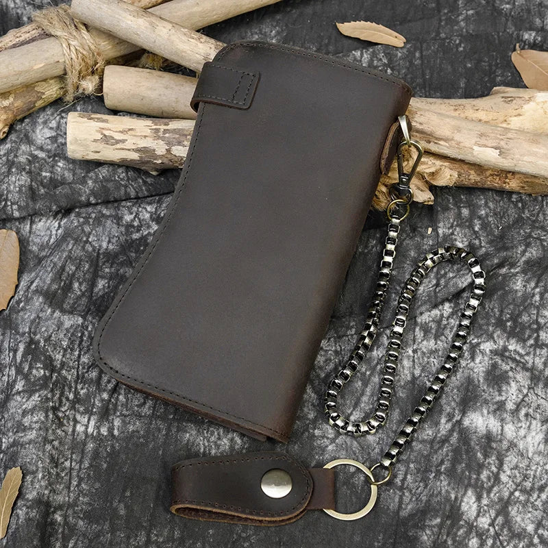 Men's Vintage Crazy Horse Leather Chain Wallet Genuine Leather Bifold Long Wallet Snap Card Holder Purse Zipper Coin Rfid Pocket