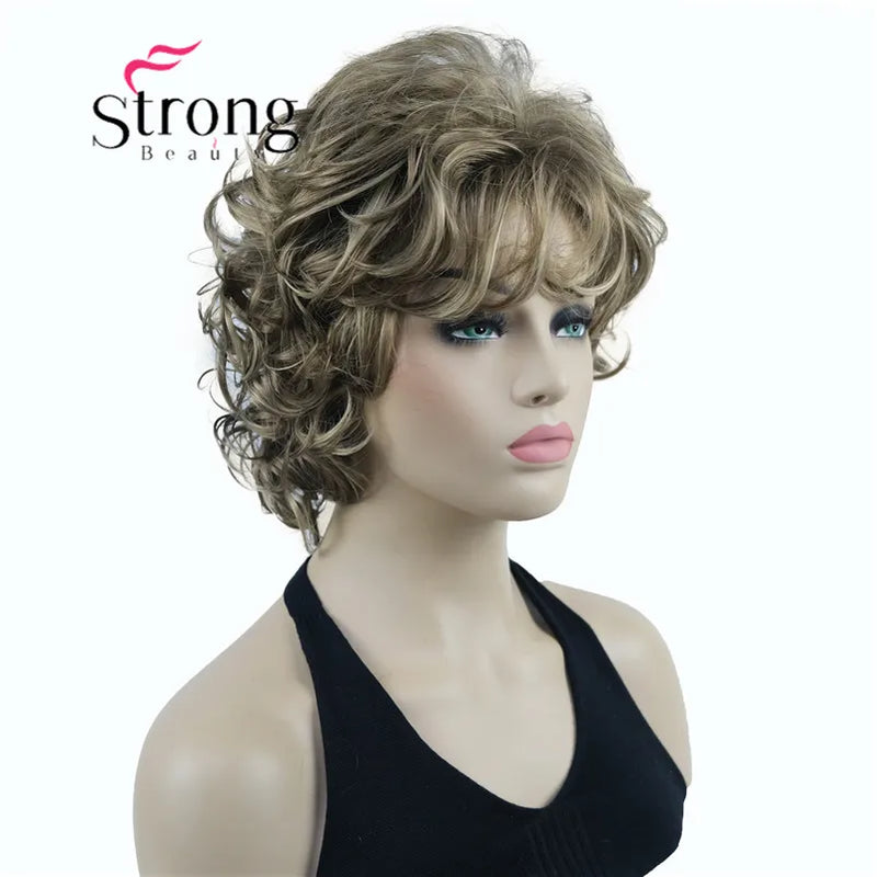 StrongBeauty Short Wig Soft Tousled Curls Blonde Highlights Full Synthetic Wigs COLOUR CHOICES
