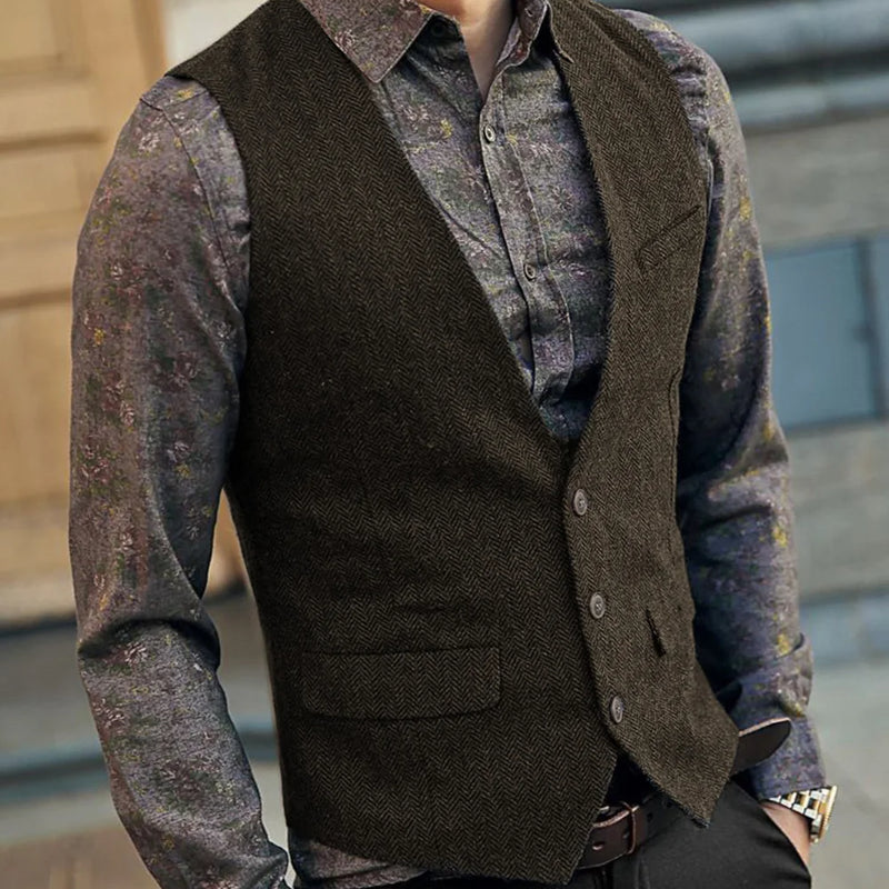 Slim Mens Vest Tweed Waistcoat Vest Vintage Herringbone V-neck Casual Wool Groomsmen Suits Vest For Wedding XS-5XL