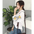 Women Embroidery Floral Casual Striped White Blouses and Shirts Female Three Quarter Sleeve Loose Tops Fashion V-Neck Blusas