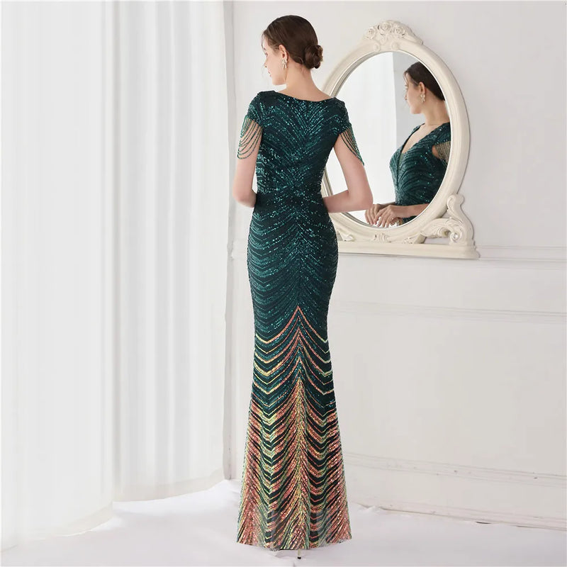 DEERVEADO Elegant V Neck Mermaid Evening Dress Long | SAMAG