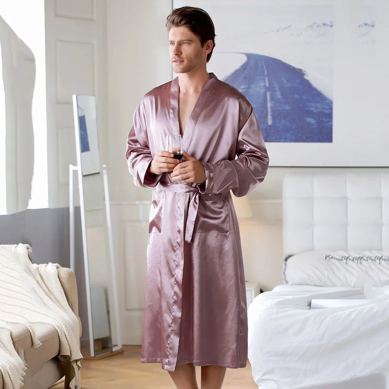 Chinese Men's Navy Blue Satin Robe With Belt Kimono Bathrobe Gown Nightgown Sleepwear Home Leisure Pajamas S M L XL XXL 20701