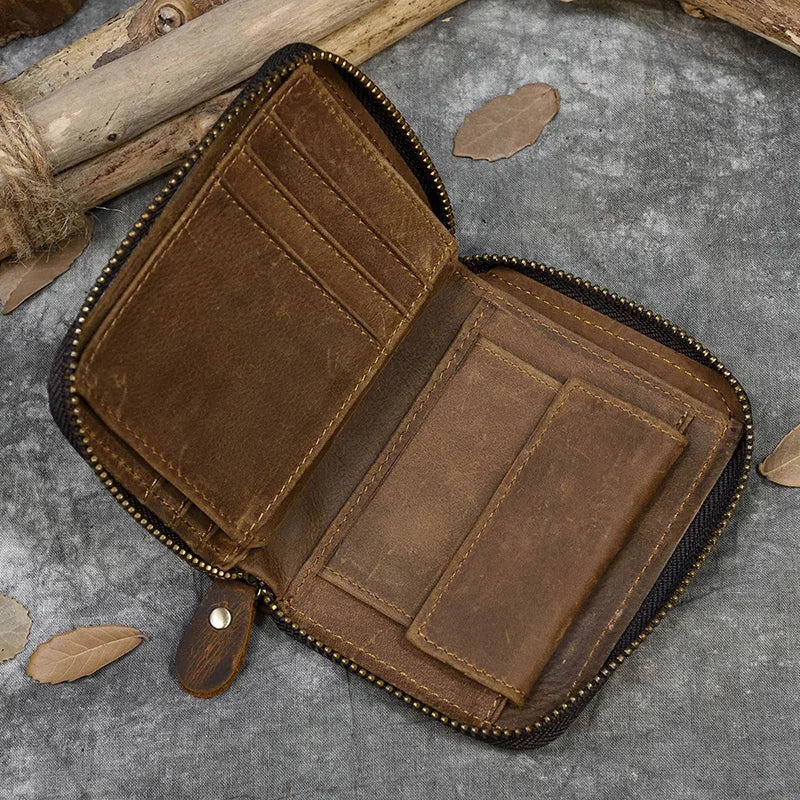 Men Crazy horse Genuine Leather Coin Wallet Real Leather Snap Short Purse Women Coin Pocket Zip Around Small Trifold Pocket