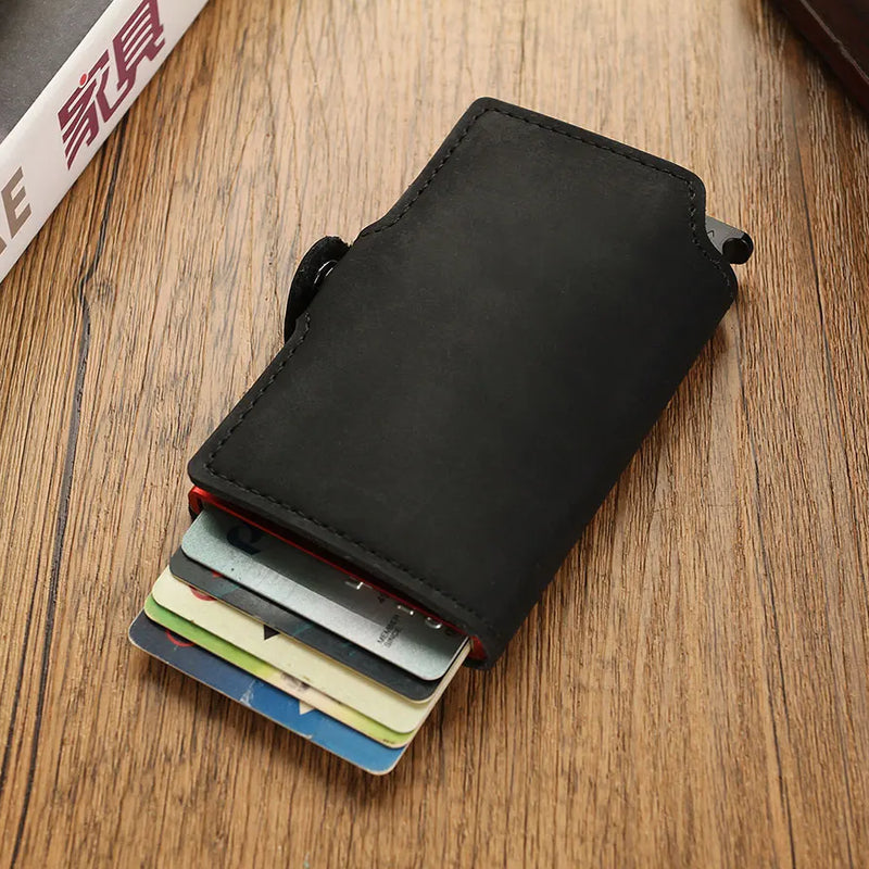 RFID Business Credit Card Holder Men Multifunction Automatic Aluminium Alloy Leather Cards Case Mini Wallet Slim Coin Purse