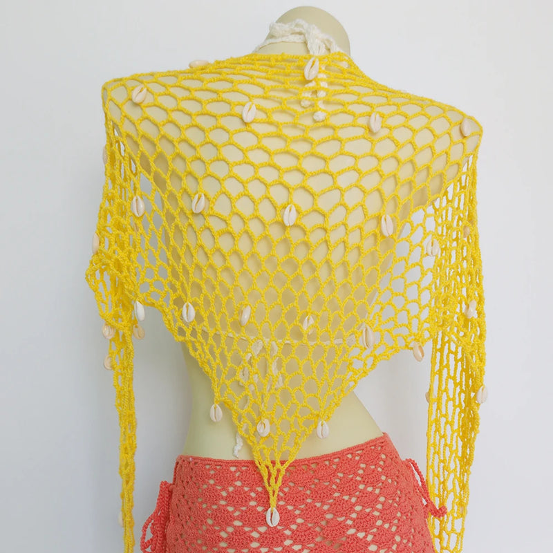 Women Triangle Shawl With Seashell Sexy Bikini Cover Up Sunscreen Nets Skirt Mesh Tunic Pareo Beachwear