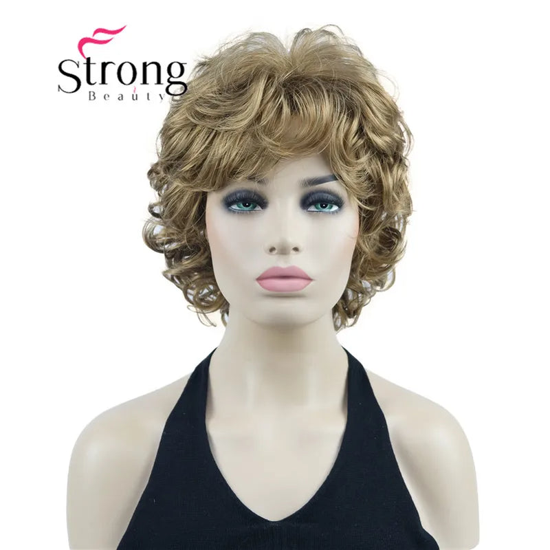 StrongBeauty Short Wig Soft Tousled Curls Blonde Highlights Full Synthetic Wigs COLOUR CHOICES