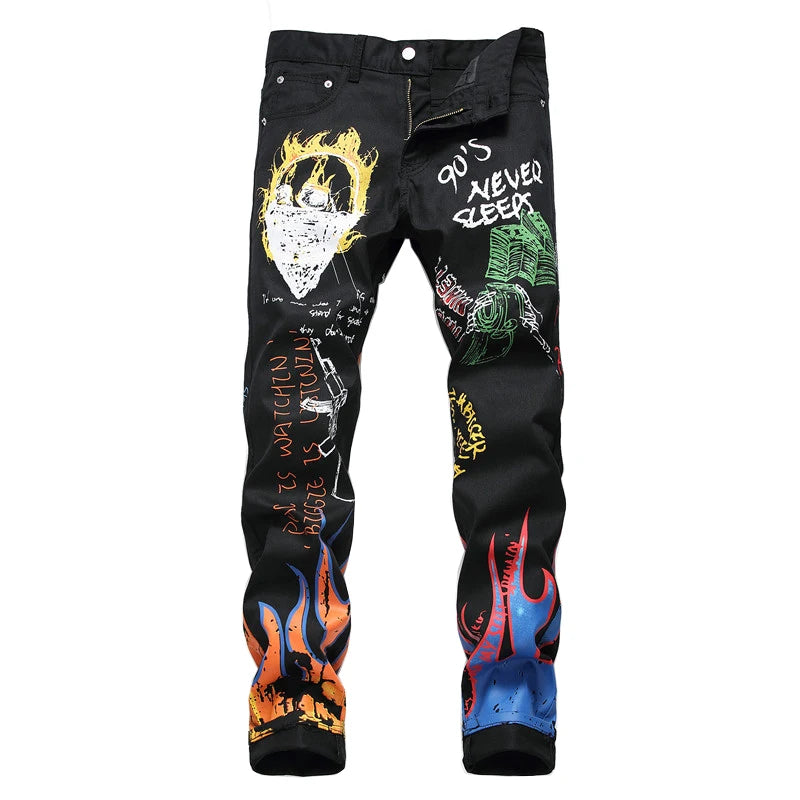 Sokotoo Men's Fashion Letters Flame Black Printed Jeans | SAMAG