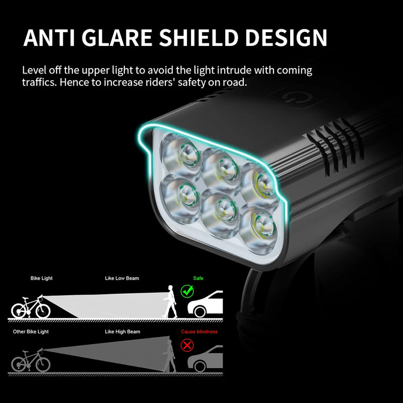 NATFIRE 2 Pcs Bike Light USB Rechargeable 3600LM Bike Headlight 6*LED Super Bright Flashlight Front Lights and Color Rear light