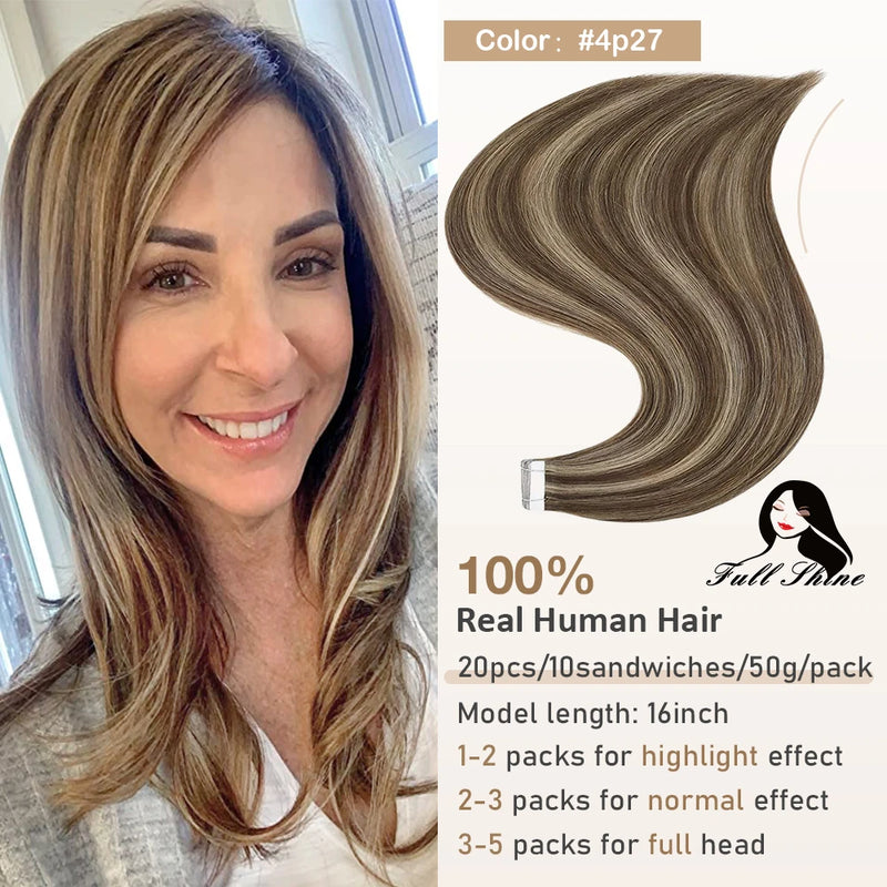Full Shine Tape In Hair Extensions Human Hair 100% Remy Natural Human Hair Seamless Skin Weft Seamless Color Glue For Women