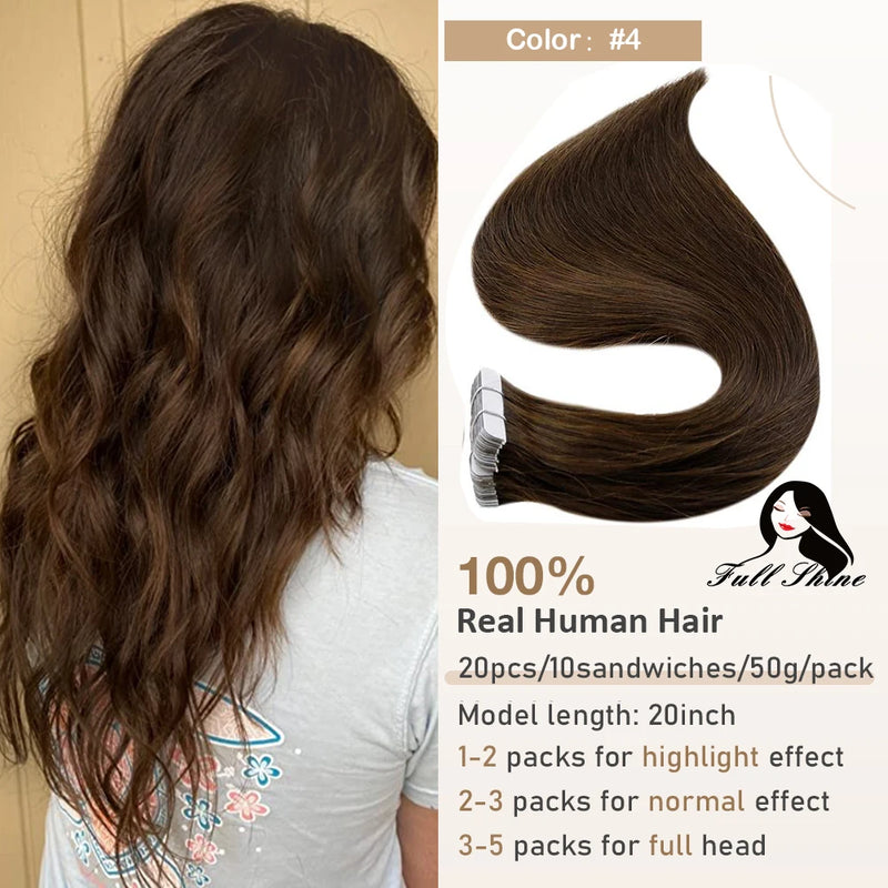 Full Shine Tape In Hair Extensions Human Hair 100% Remy Natural Human Hair Seamless Skin Weft Seamless Color Glue For Women