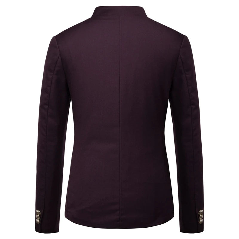 Men's Black Stand Up Collar Blazer Coat, Wedding Party Dress Jacket, Asia Sizes Slim-Fit Single Breasted Jaqueta, Blue Red Tops.