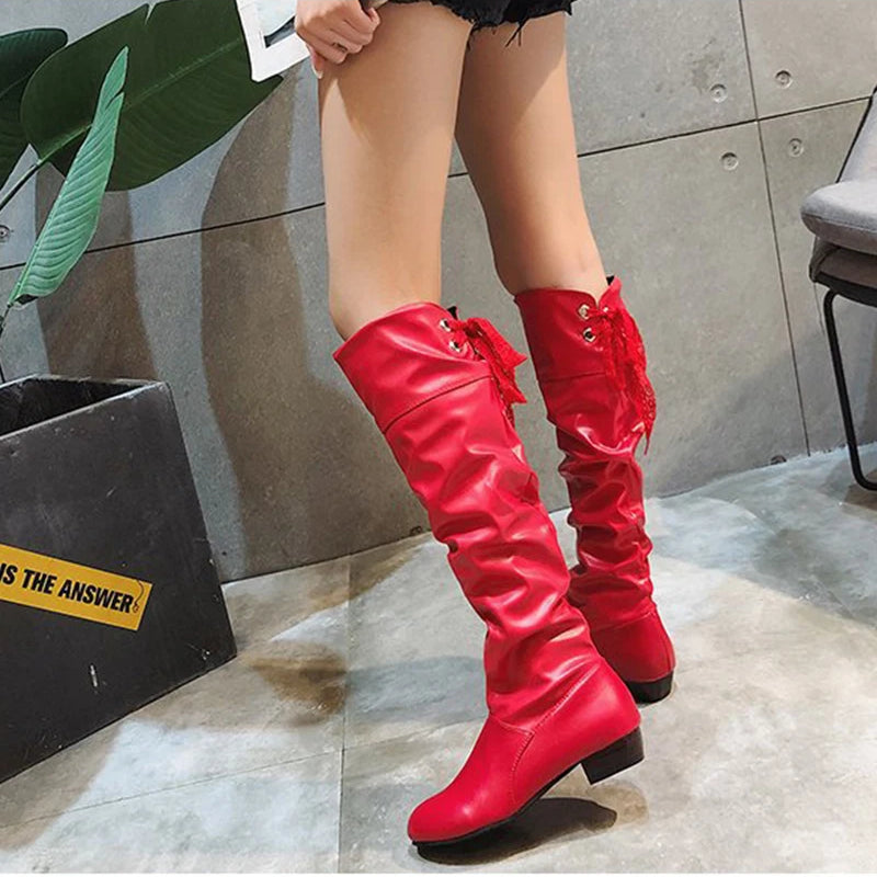 Shoes For Women 2022 Spring Knee High Boots Red Black White Tall Boots Woman Pleated Low Heel Casual Leather Female Long Shoes