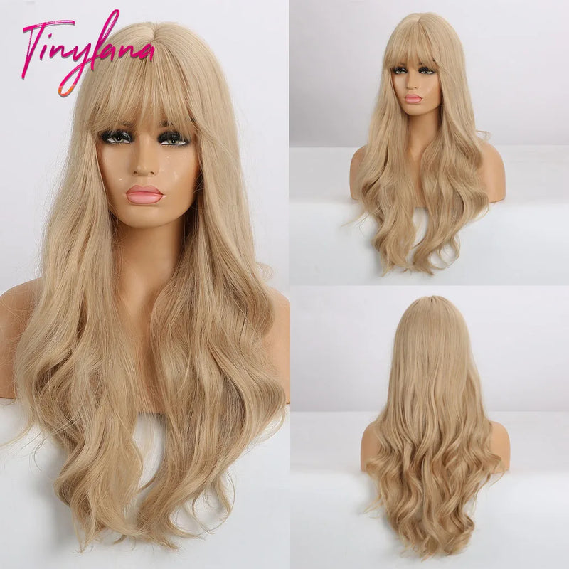 TINY LANA Natural Black Long Wavy Synthetic Wig with Bangs for Women Body Wave Dark Brown Wigs Cosplay Daily Hair Heat Resistant
