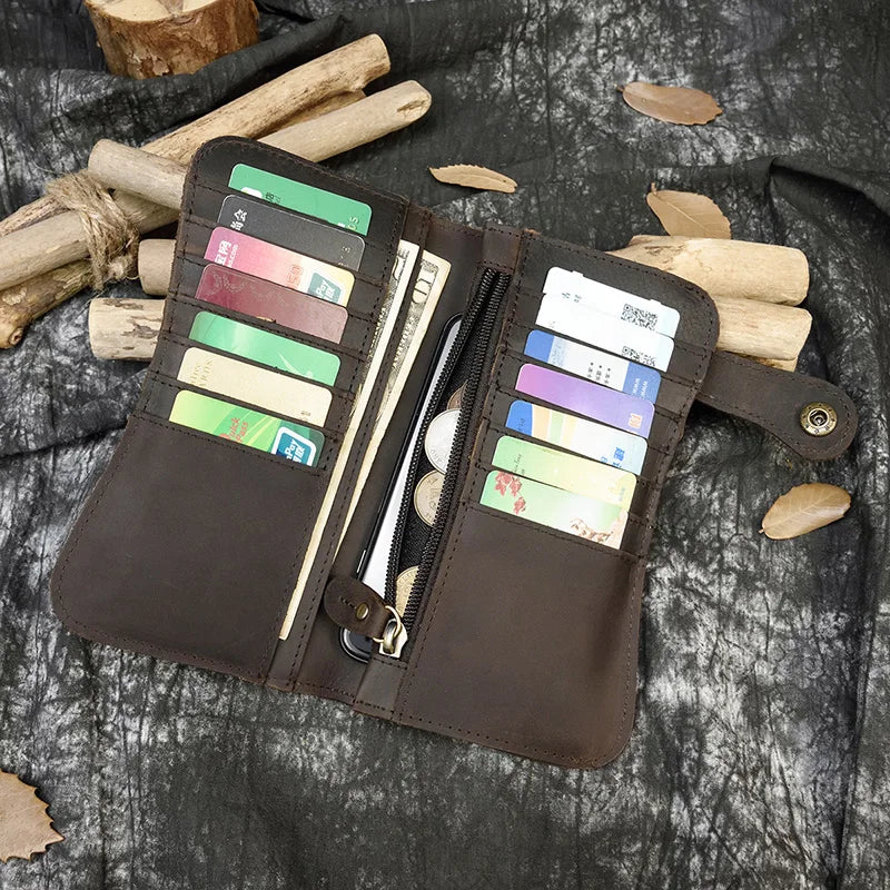 Men's Vintage Crazy Horse Leather Chain Wallet Genuine Leather Bifold Long Wallet Snap Card Holder Purse Zipper Coin Rfid Pocket