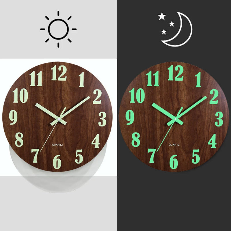 12 Inch Luminous Wall Clock Wood Silent light in dark night Nordic Fashion Wall Clock Non Ticking Clock With Night Light