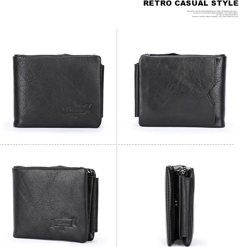 CONTACT'S Genuine Crazy Horse Leather Men Wallets Vintage Trifold Wallet Zip Coin Pocket Purse Cowhide Leather Wallet For Mens