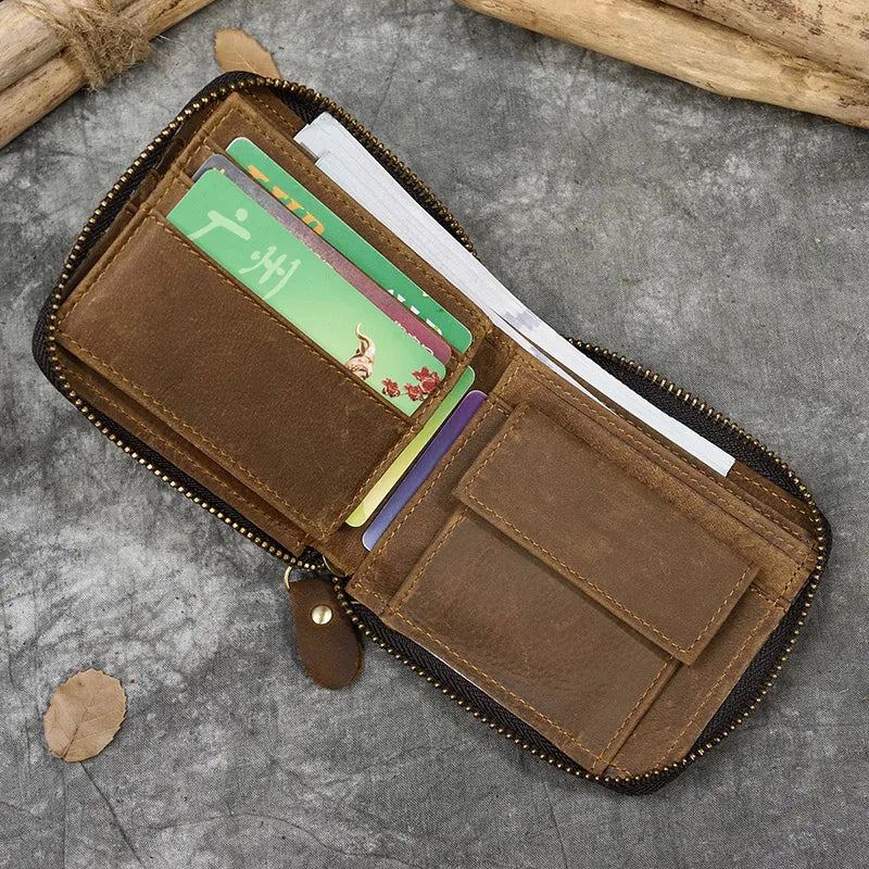Men Crazy horse Genuine Leather Coin Wallet Real Leather Snap Short Purse Women Coin Pocket Zip Around Small Trifold Pocket