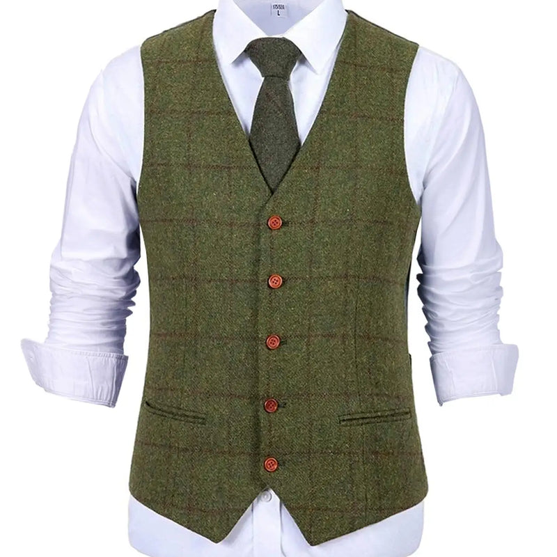 Men's Army Green Vest Plaid Soft Wool Brown Jacket Casual Gentleman Tweed Business Waistcoat For Groosmen Best Man For Wedding
