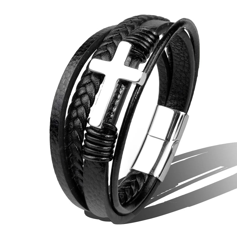 Charm Stainless Steel Leather Cross Brown/black Bracelet Men Hiphop Jewelry Magnetic Clasp Mutilayer Male - Visuel 12 | SAMAG
