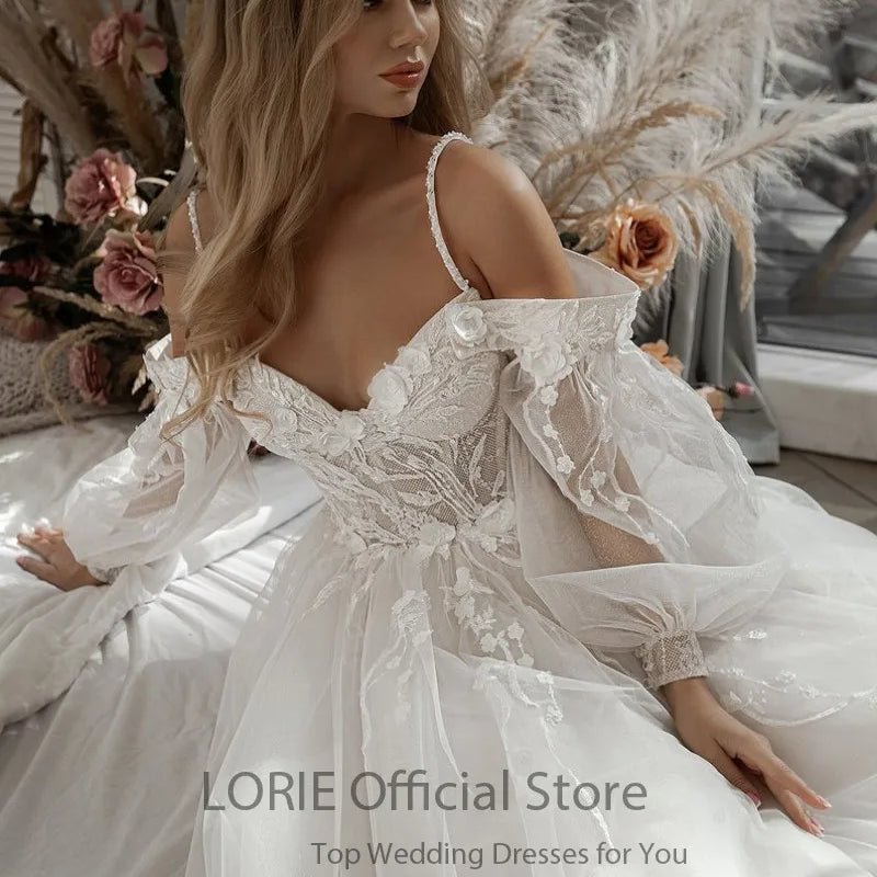 LORIE Glitter Wedding Dresses Puff Sleeve Appliques Lace - View 5 | SAMAG