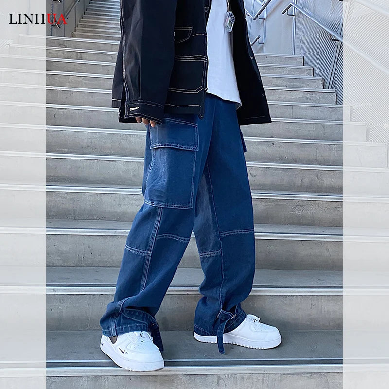 LINHUA Men Wide Leg Jeans Spring cargo pants Hip Hop | SAMAG