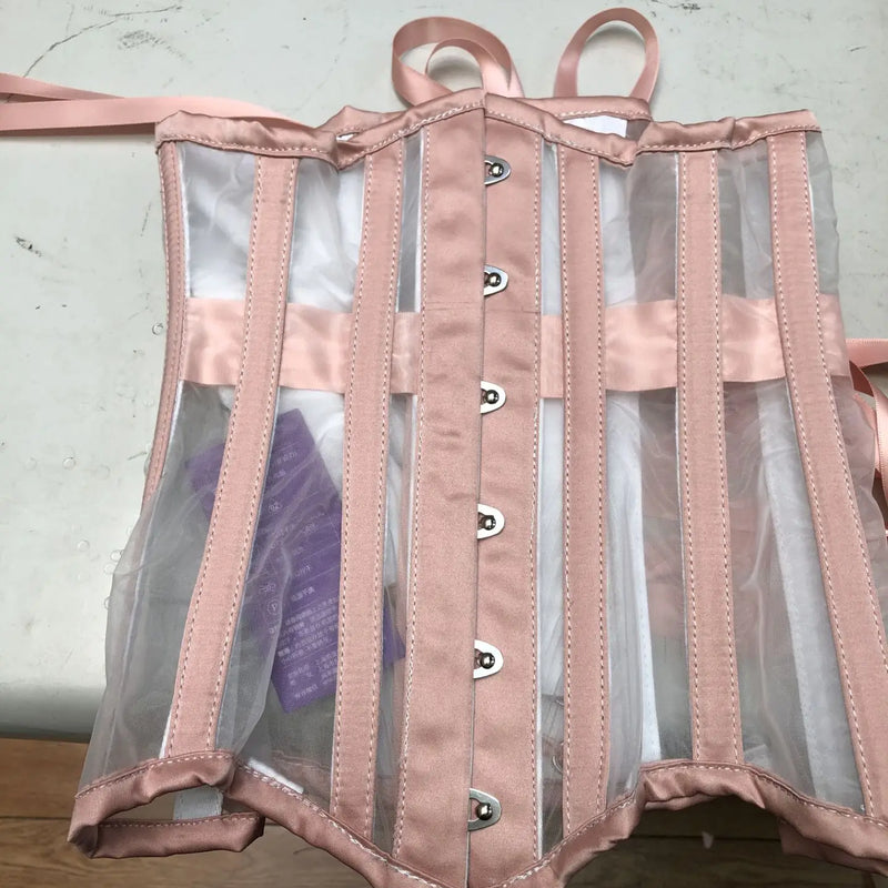 Annzley Red Mesh Stripe Corset Ultra-thin Handmade Lace Corset Waist Slimming Corset Korsett Bustier 2020