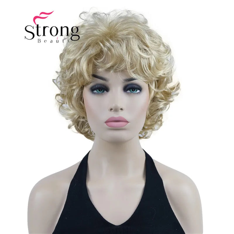 StrongBeauty Short Wig Soft Tousled Curls Blonde Highlights Full Synthetic Wigs COLOUR CHOICES