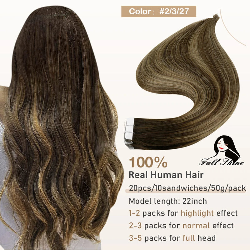 Full Shine Tape In Hair Extensions Human Hair 100% Remy Natural Human Hair Seamless Skin Weft Seamless Color Glue For Women